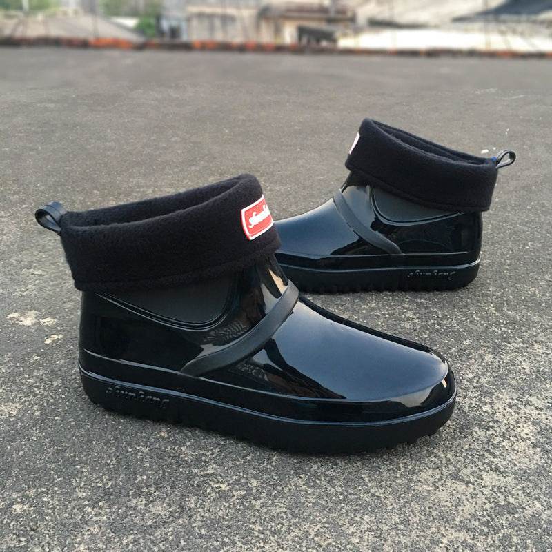 Four Seasons Rain Boots Women Short Tube Plus Velvet Rain Boots Fashion Waterproof Shoes - Mubimart