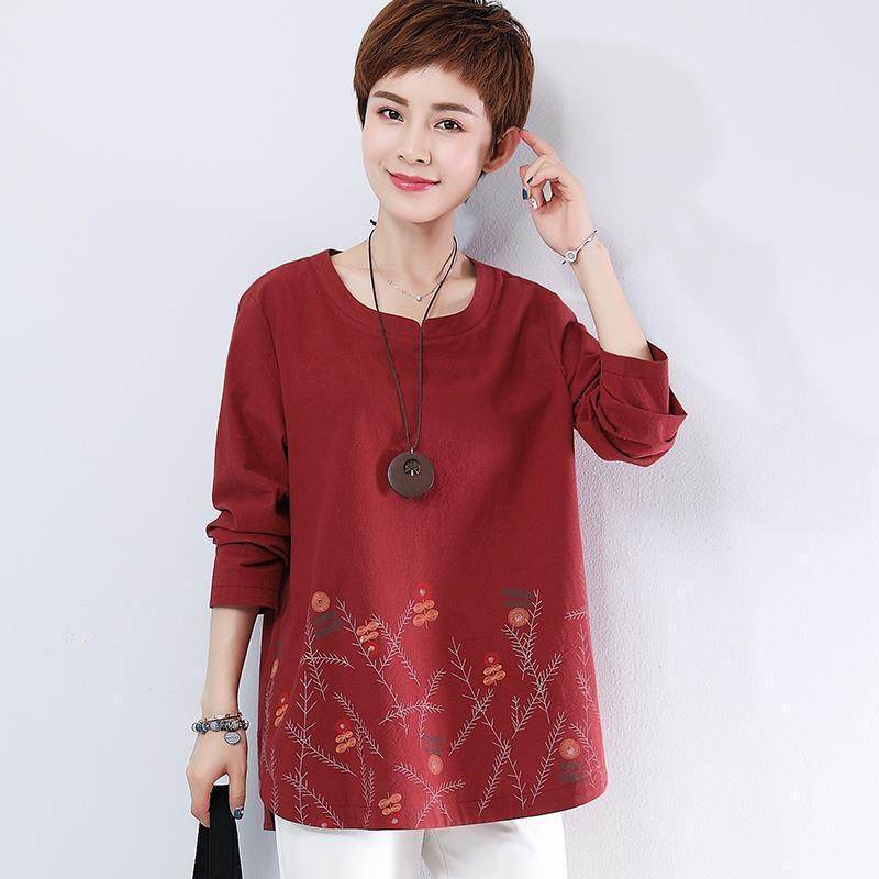 Printed Loose Plus Size Cotton Long-sleeved T-shirt - Mubimart