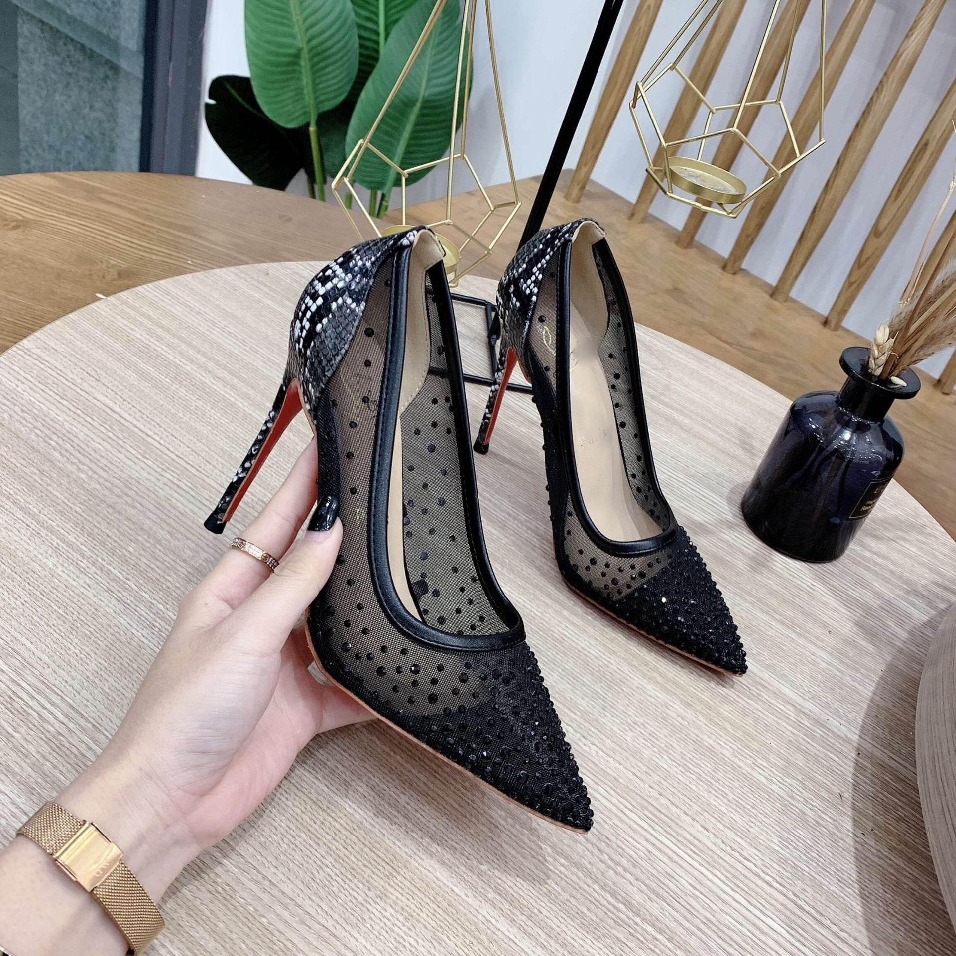 Black Net Rhinestone Snake Print High Heels Stiletto Sexy Pointy Shallow Mouth Work Shoes Trend - Mubimart