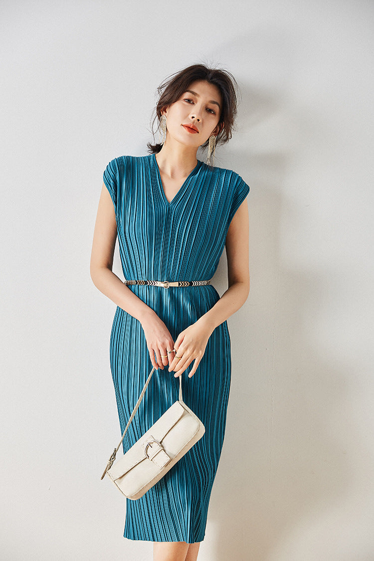 Vintage Inspired Pleated Midi Dress - Mubimart -  