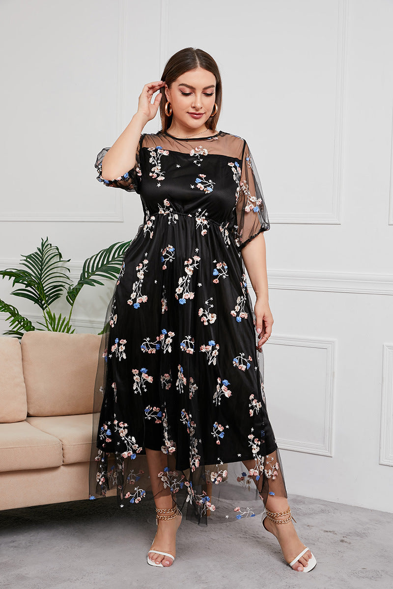 Plus Size Dress Evening Dress Women's Mesh Embroidered Midi Dress - Mubimart -  