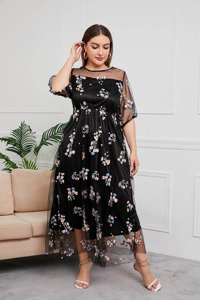 Plus Size Dress Evening Dress Women's Mesh Embroidered Midi Dress - Mubimart