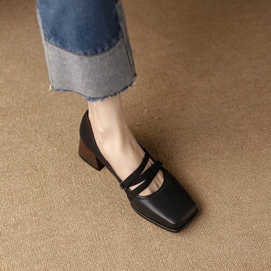 Niche Ins Square Toe Low-cut Shoes Female Retro Brown All-match Kitten Heels - Mubimart