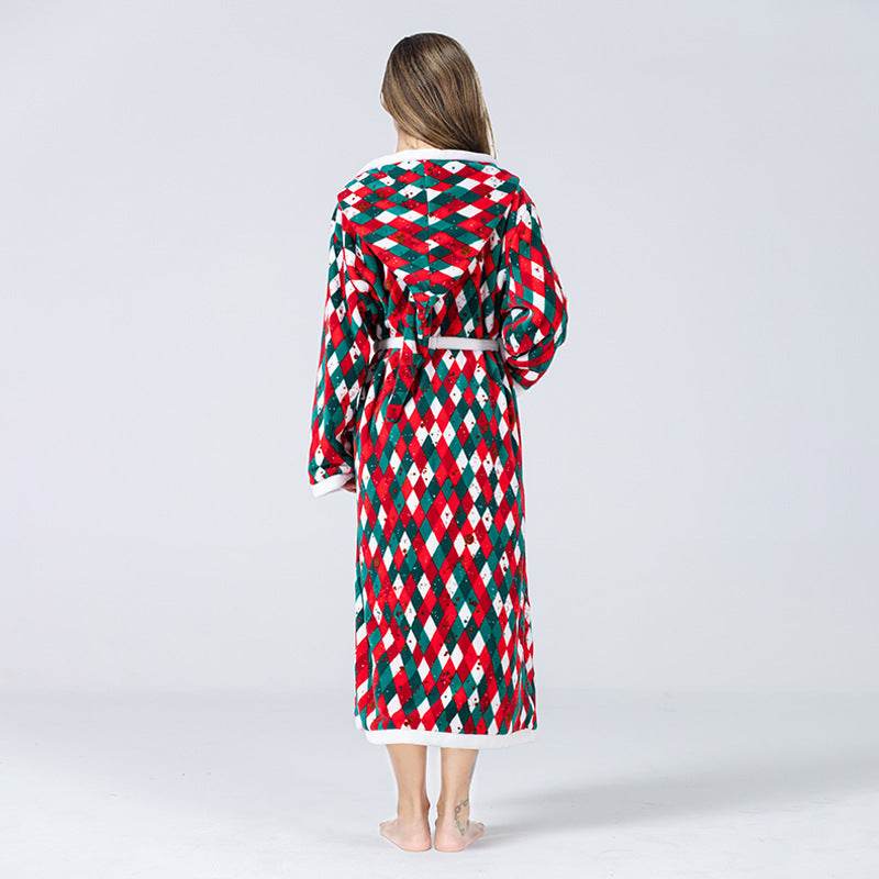 Christmas Sleepwear Women Fleece Hooded Bathrobe Plush Long Robe Winter - Mubimart
