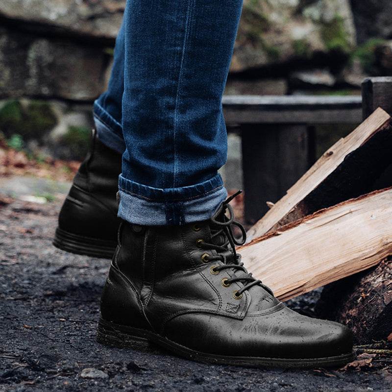Men Cowboy Boots Retro Lace-up Martin Boot Round Toe Low Heel Shoes - Mubimart