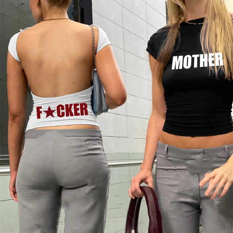 Backless Short Sleeve White Y2K Clothes Crop Top Women Aesth - Mubimart