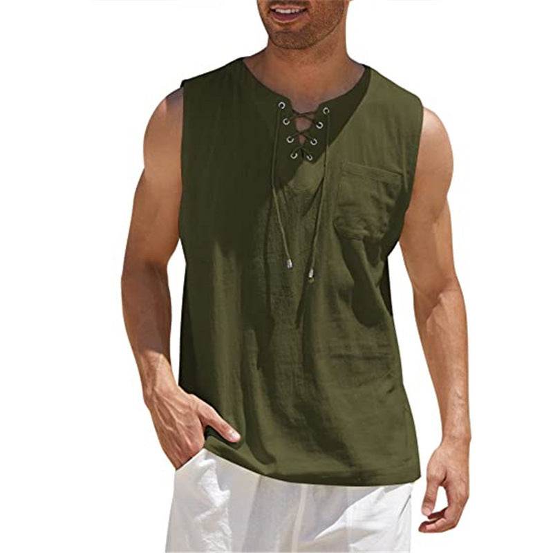 Summer Tank Vest Men Shirt Collar Tie Short Sleeve T-Shirt - Mubimart