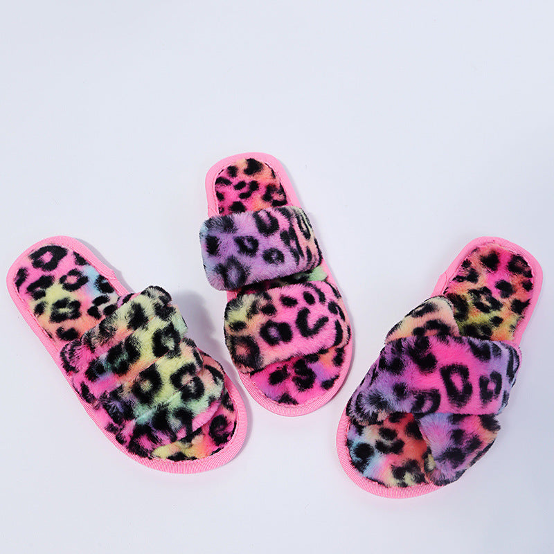 Women New Indoor Fuzzy Leopard Plush House Flat With Fuzzy Slipper - Mubimart -  