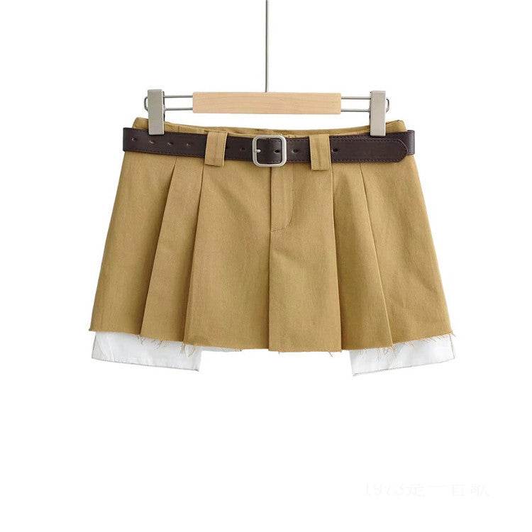 Fake Two-piece Low-waisted Workwear Pleated Skirt - Mubimart