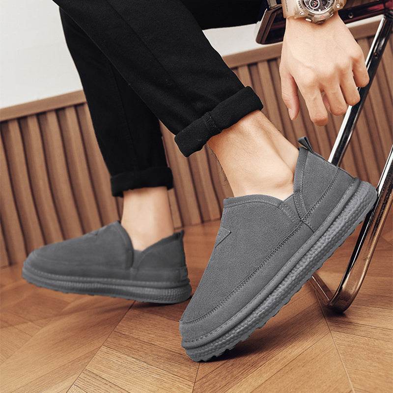 V-cut Fleece Snow Boots Winter Warm Round-toed Suede Ankle Boot Fashion Simple Non-slip Flat Cotton Shoes For Men - Mubimart