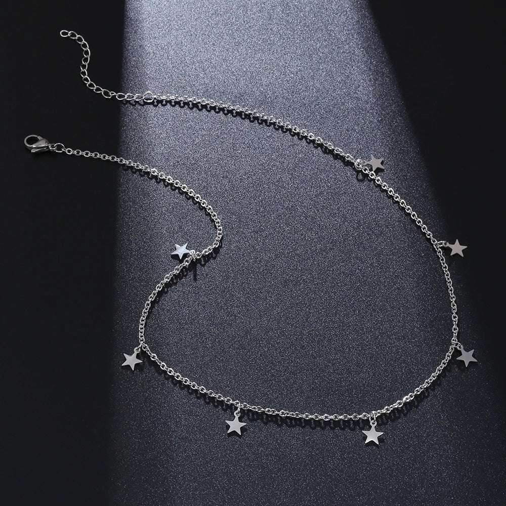 Stainless Steel Gold Silver Color 7 Star Choker Necklace for Women Dainty Star Necklace Statement Jewelry - Mubimart