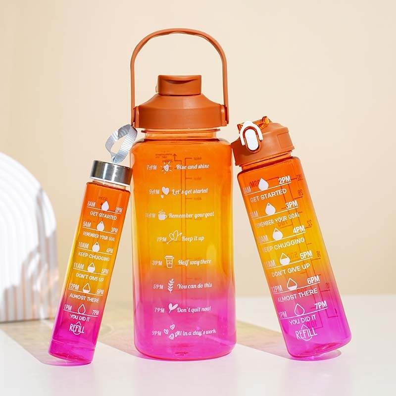 3-in-1 Gradient Color Motivational Water Bottles Set Plastic Straw Double Drink Translucent Outdoor Sports Bottle - Mubimart
