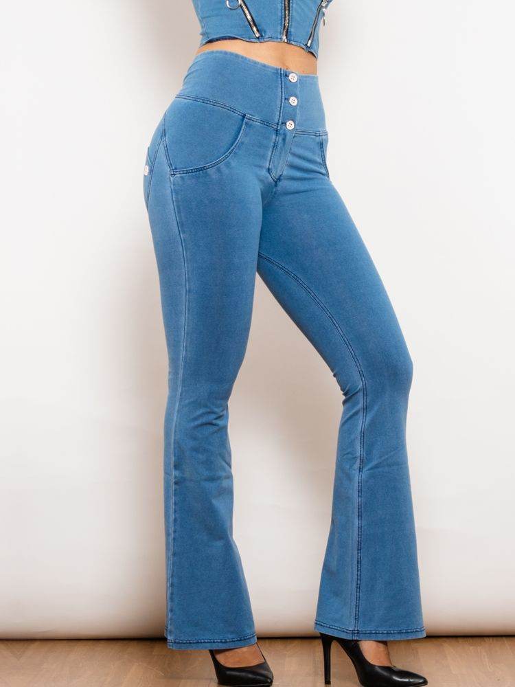 Shascullfites Melody Light Blue Flared Lift Jeggings Button Up Jeans Shaping Jeans Women High Waist Flare Jeans - Mubimart