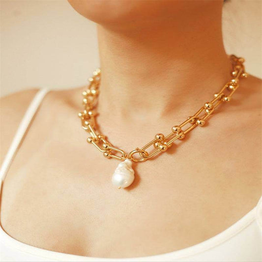 Baroque Pearl Necklace Golden Sweater Chain Women - Mubimart