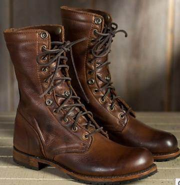 Motorcycle Boots Women Men Retro Lace-Up Combat Boot Low Heel Shoes - Mubimart