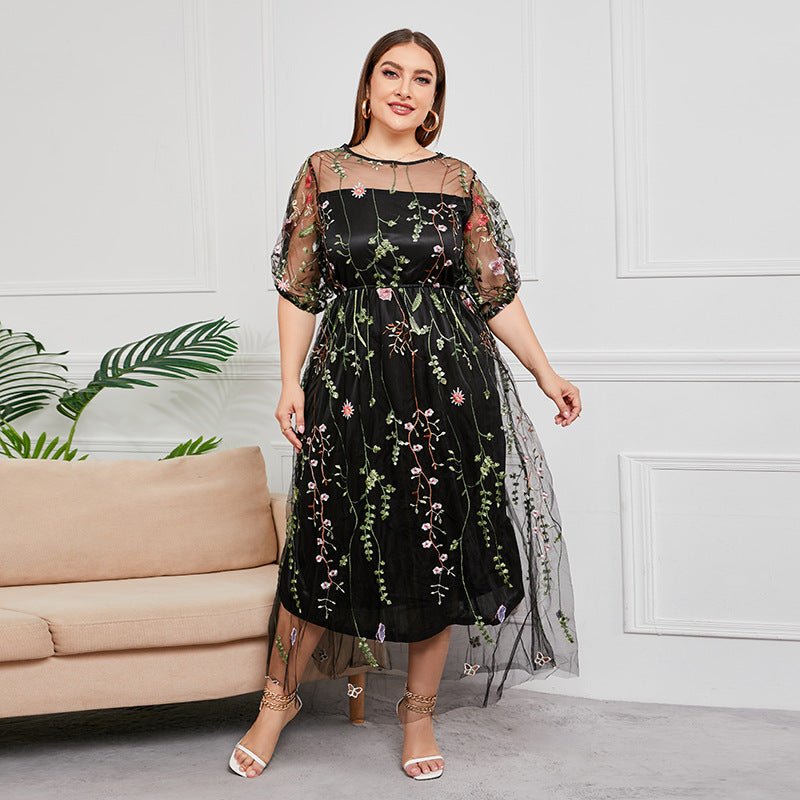 Plus Size Dress Evening Dress Women's Mesh Embroidered Midi Dress - Mubimart -  