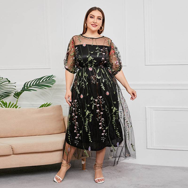 Plus Size Dress Evening Dress Women's Mesh Embroidered Midi Dress - Mubimart