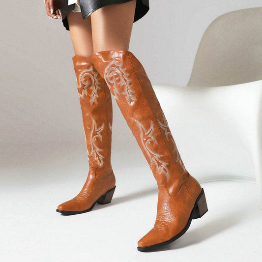 Embroidery Sleeve Western Cowboy Boot Chunky Heel High Heel - Mubimart