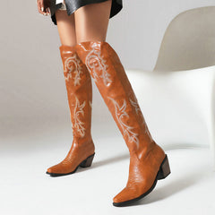 Embroidery Sleeve Western Cowboy Boot Chunky Heel High Heel