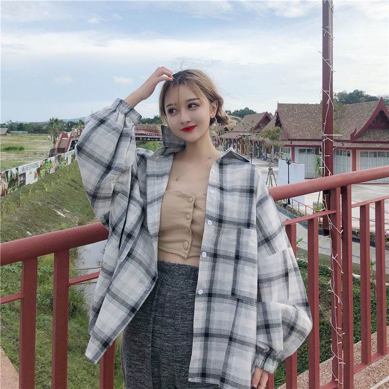 Women Blouses Shirts Plaid Oversize Thin Casual Sun-protect - Mubimart