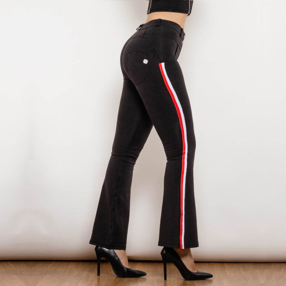 Shascullfites Melody Side Stripe Denim Flare Jeans Stretch Pants Slim Butt Lift Flare Pants Scrunch Bum Black Jeans - Mubimart