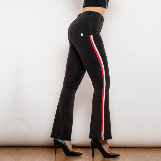 Shascullfites Melody Side Stripe Denim Flare Jeans Stretch Pants Slim Butt Lift Flare Pants Scrunch Bum Black Jeans - Mubimart