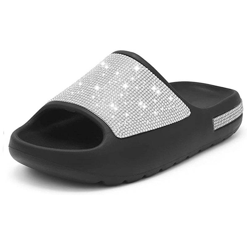 Rhinestone Slippers Women PeepToe Thick Sole Shoes Fashion Slides Summer - Mubimart