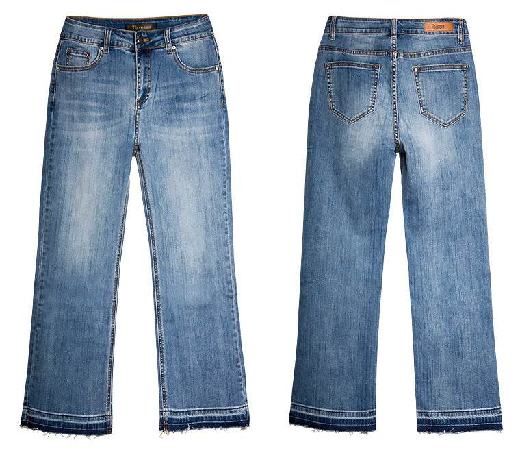 Women's Washed Elastic Loose Wide Leg Ankle-length Bootcut Jeans - Mubimart