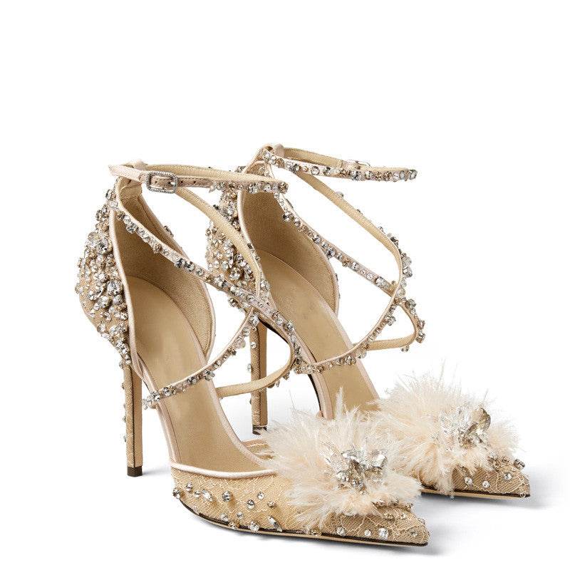 Nude Lace Rhinestone Floral Pumps - Mubimart