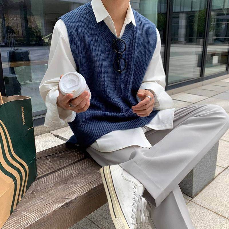 Men's V-neck Sweater Plus Size Vest Knitted Autumn And Winter College Style Waistcoat Vest Coat - Mubimart