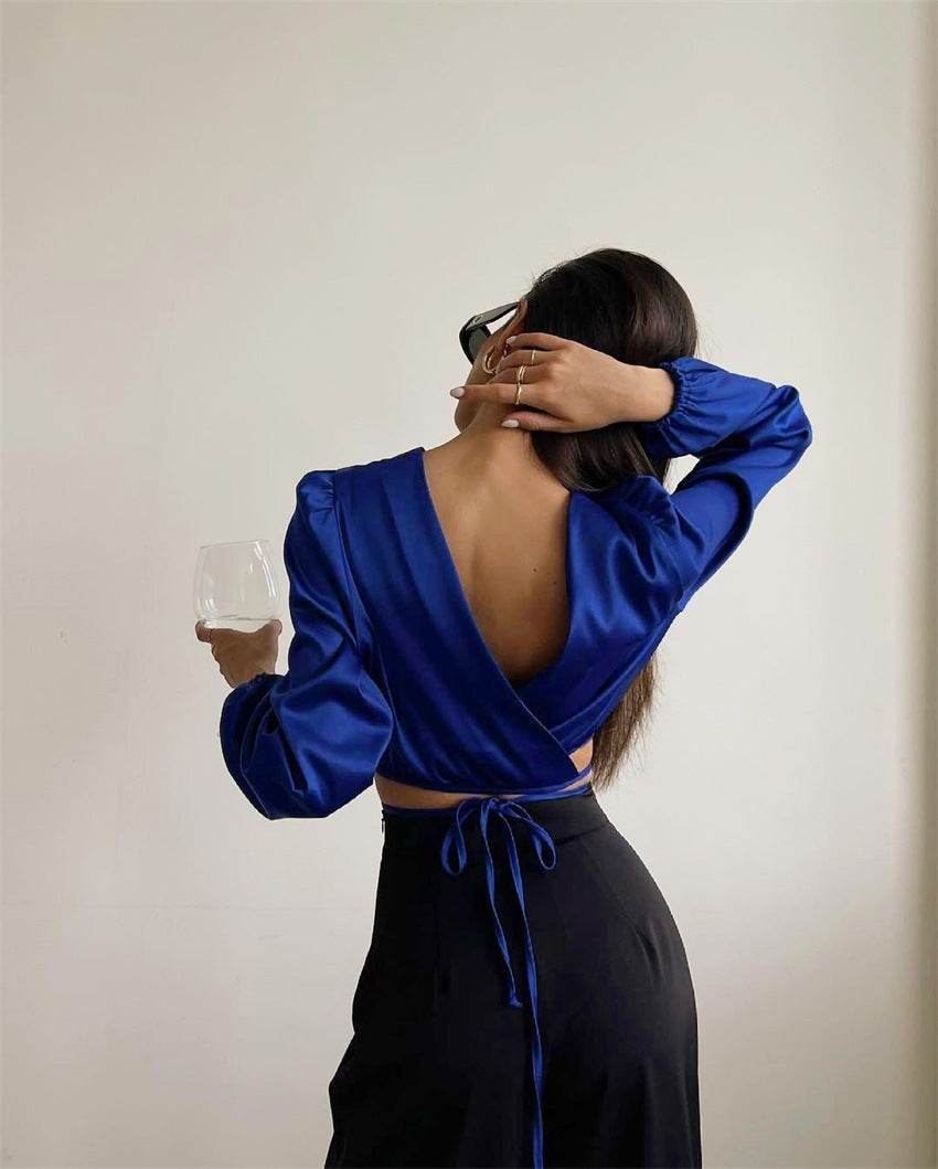 New Lace-up Backless Design Sense Short Section Sexy Navel Long-sleeved Tops Europe And The United States Women Blouses - Mubimart