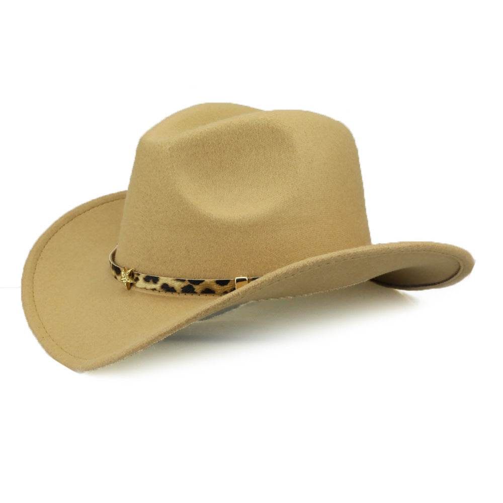 Leopard Print Five-pointed Star Belt Cowboy Hat Men's And Women's Autumn And Winter Woolen Fedora Hat Outdoor Knight Hat Western Cowboy Hat - Mubimart