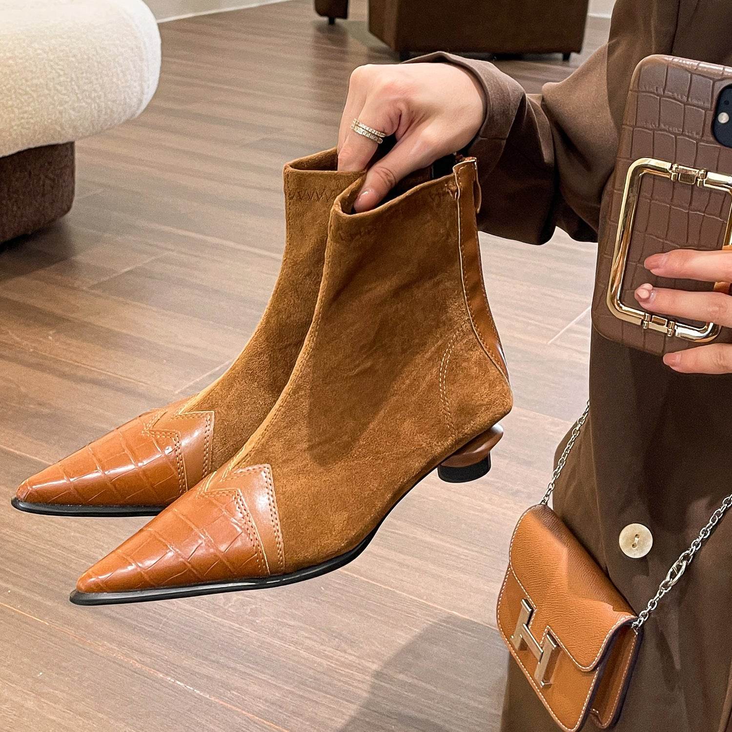 Retro Patchwork Pointed Boots Back Zipper Kitten Heel - Mubimart