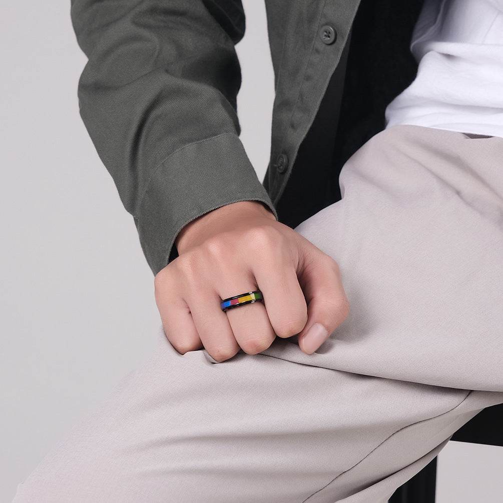 Fashionable Men Rainbow Color Titanium Steel Ring - Mubimart