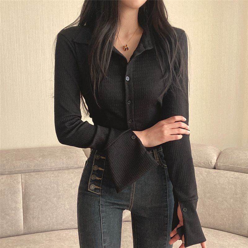 Long Sleeved Slim Lapel T-shirt For Women - Mubimart