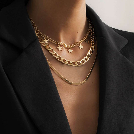Multilayer Star Choker Necklaces for Women Punk Geometric Snake Chain - Mubimart