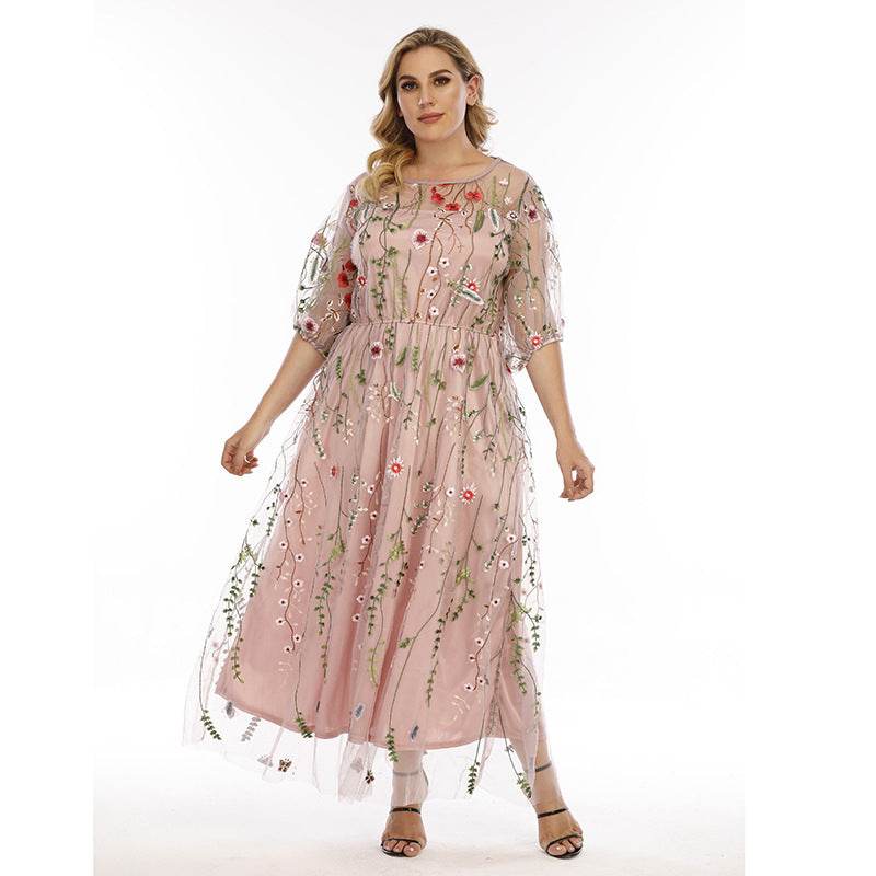 Plus Size Dress Evening Dress Women's Mesh Embroidered Midi Dress - Mubimart