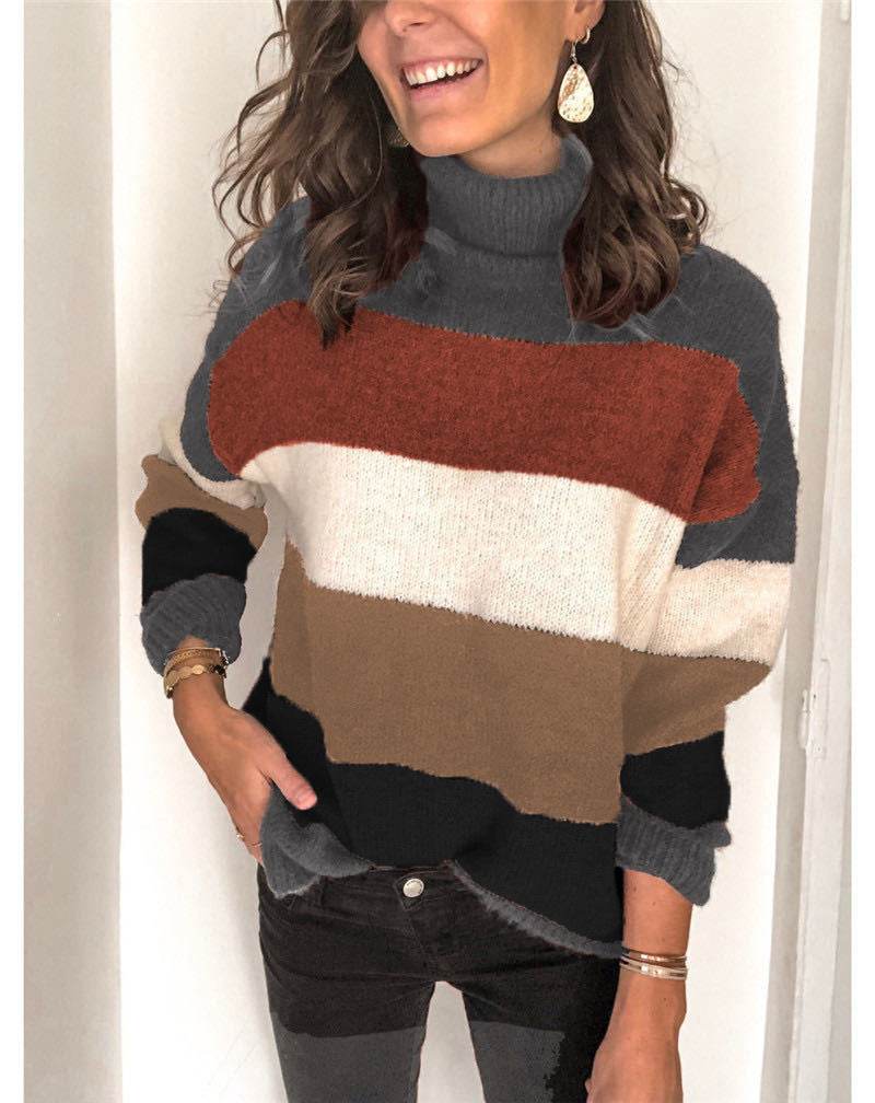 Turtleneck Stitching Knitted Sweater OL Large Size Striped Sweater - Mubimart