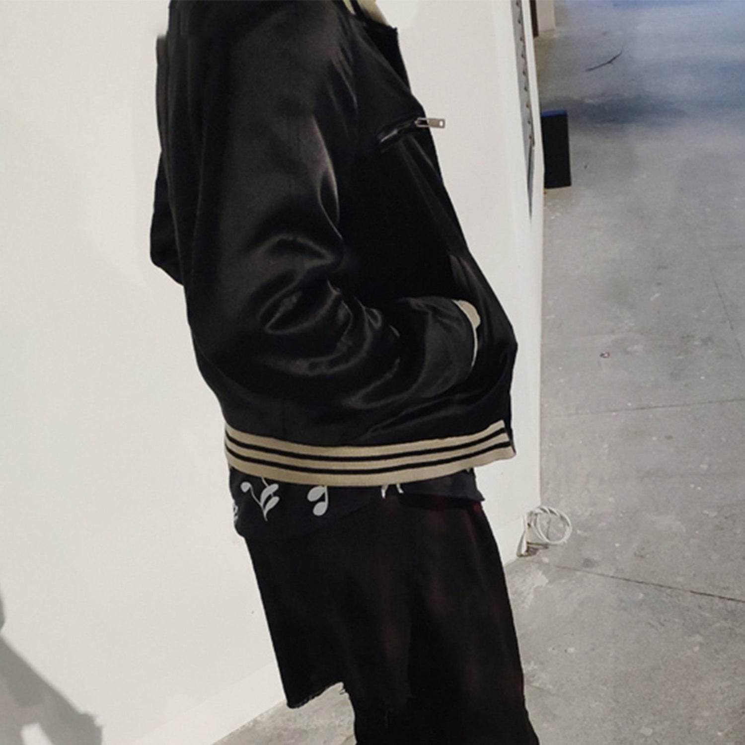 Black Silk Cotton Bomber Jacket - Mubimart