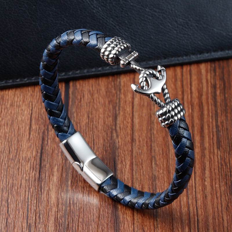 Mens Titanium Steel Bracelet Leather Braided Anchor - Mubimart