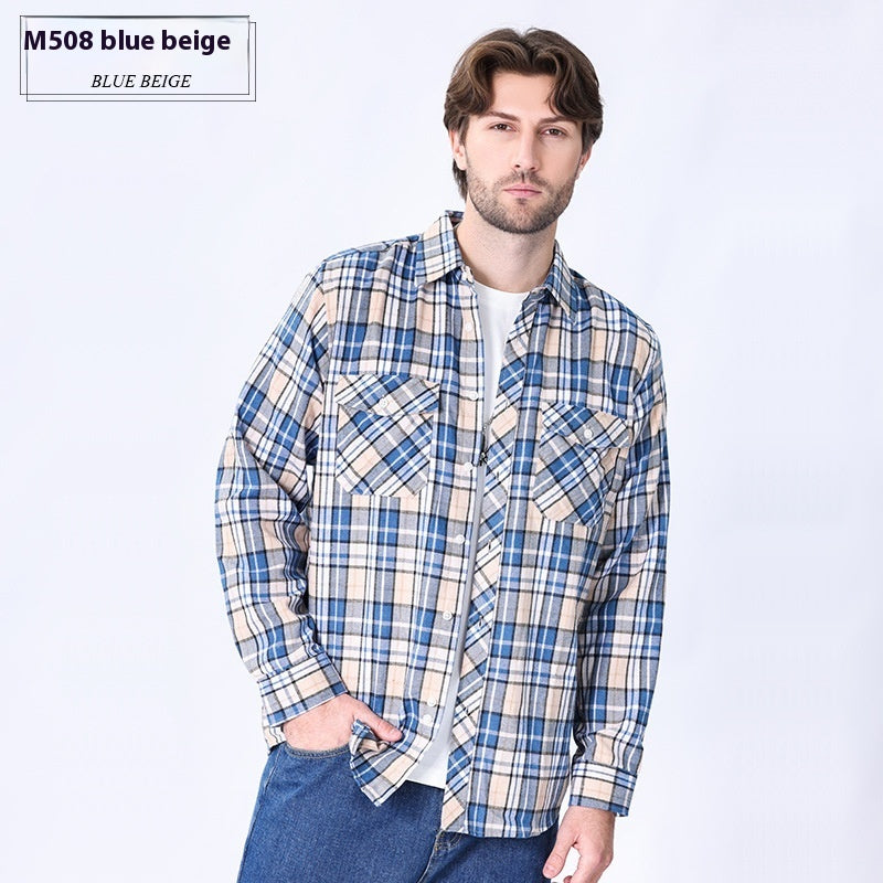 Vintage Flannel Men's Long Sleeve Brushed Plaid Shirt Coat