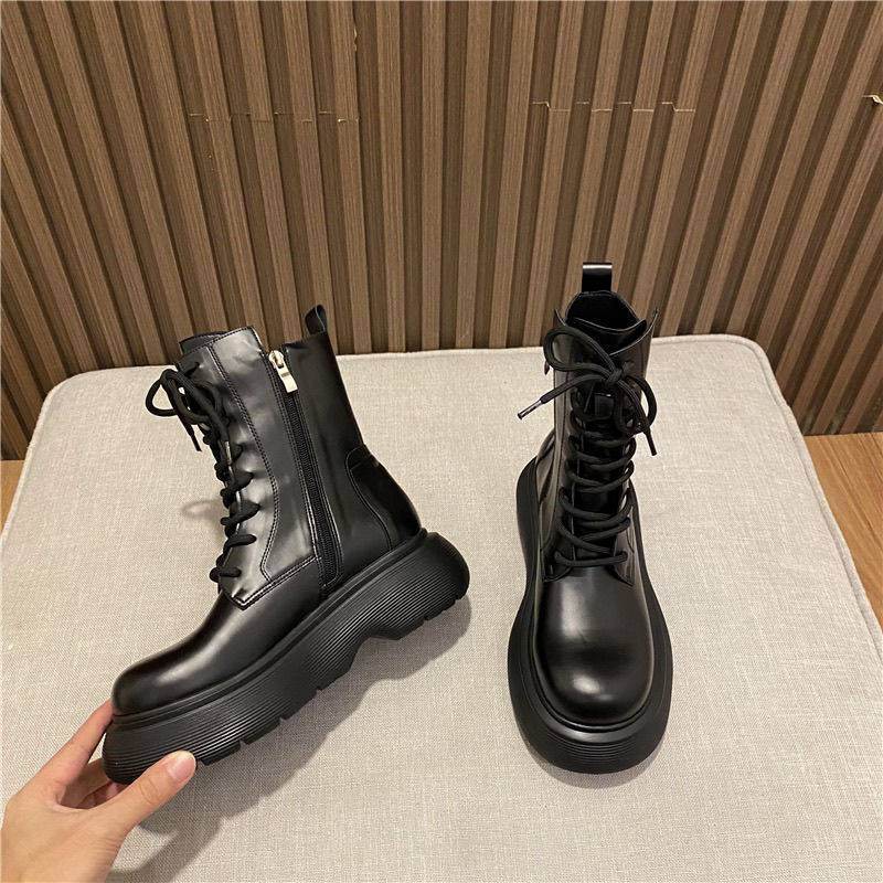Single Boot Black Short Tube British Style Lace Up Ankle Boots - Mubimart