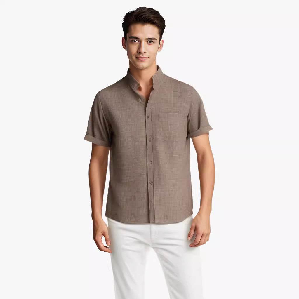 Solid-color Short-sleeved Lapel Shirt Summer Breathable Cotton And Linen Top Mens Clothing - Mubimart