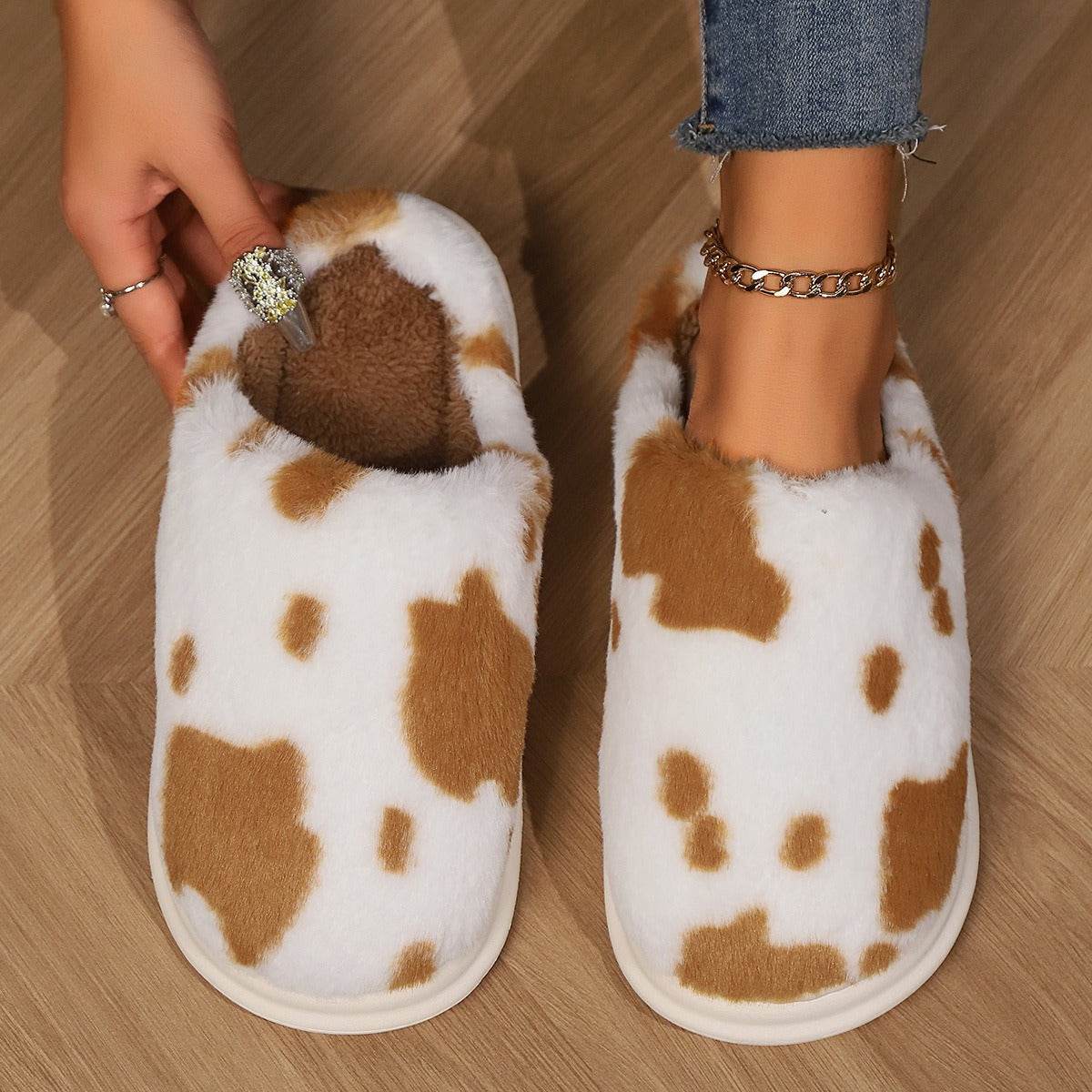 Cute Cow Spotted Plush Slippers Winter Warm Non-slip Bedroom Floor Fuzzy Slipper Couple Women House Shoes - Mubimart