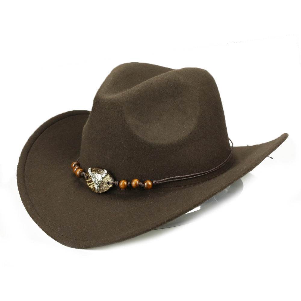 Western Cowboy Hat Wooden Bead Bull Head Fedora Hat - Mubimart