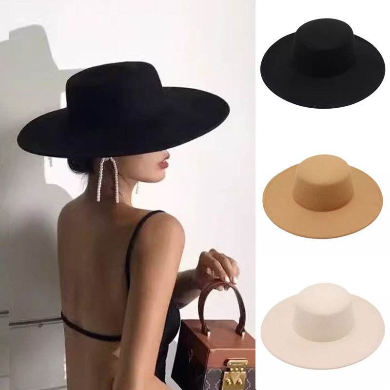 Flat Top Woolen Hat Big Brim Fedora Hat Hepburn Style - Mubimart