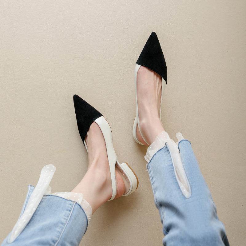 Chunky Heel Leather Color Block Flats - Mubimart
