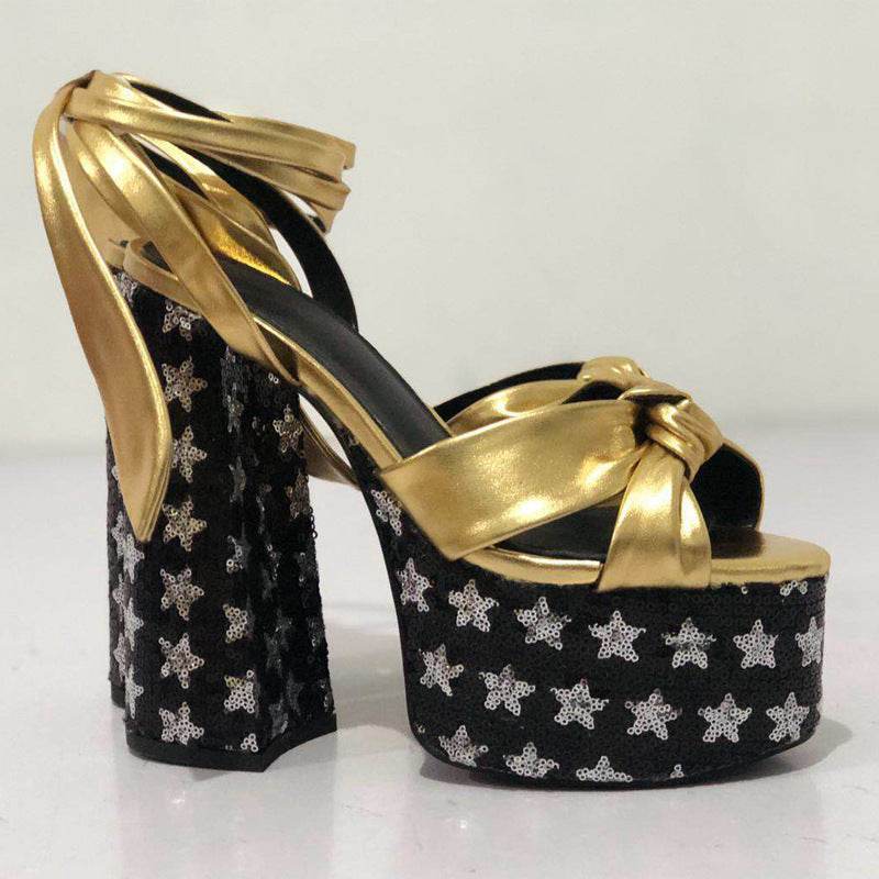 Summer Peep Toe Platform Thick Heel Bowknot Lace-up Super High Heels - Mubimart