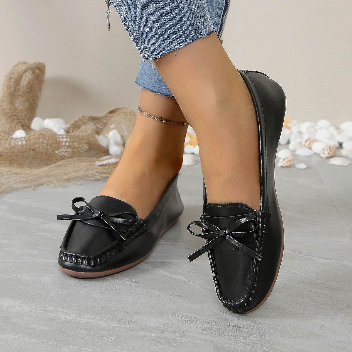 Casual Bowknot Flat Shoes Fashion Comfortable Soft-soled Loafers Slip-on Cozy Shoes Women - Mubimart