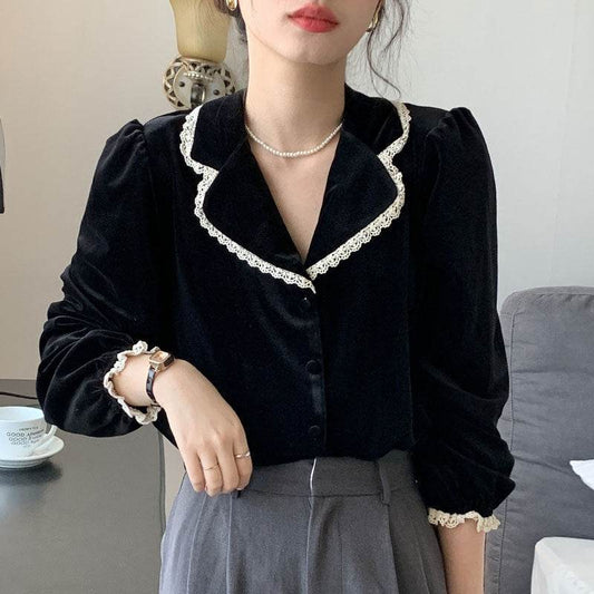 Bubble Sleeve Velvet Blouse Top For Women - Mubimart